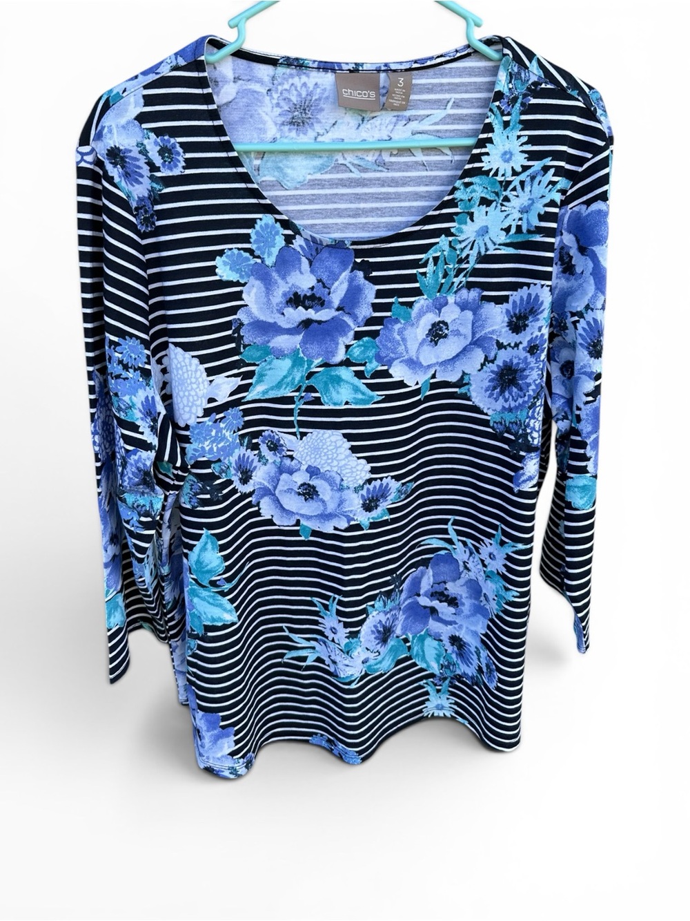Chico's Black & Blue Floral Stripe Long Sleeve Scoop Neck Top